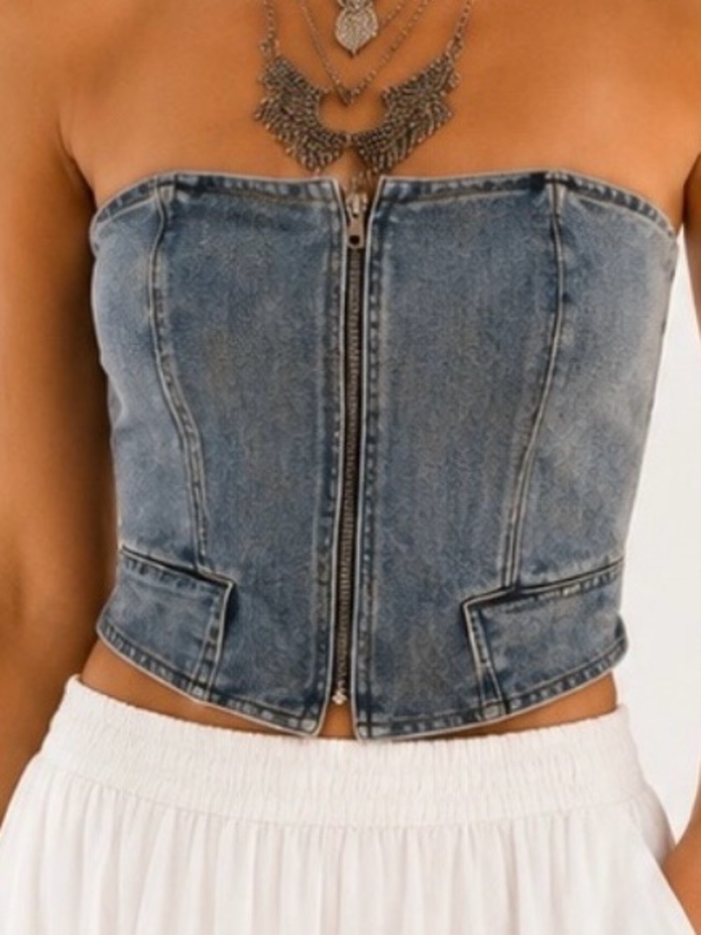Light Wash Denim Strapless Corset Top - Picture 2 of 10
